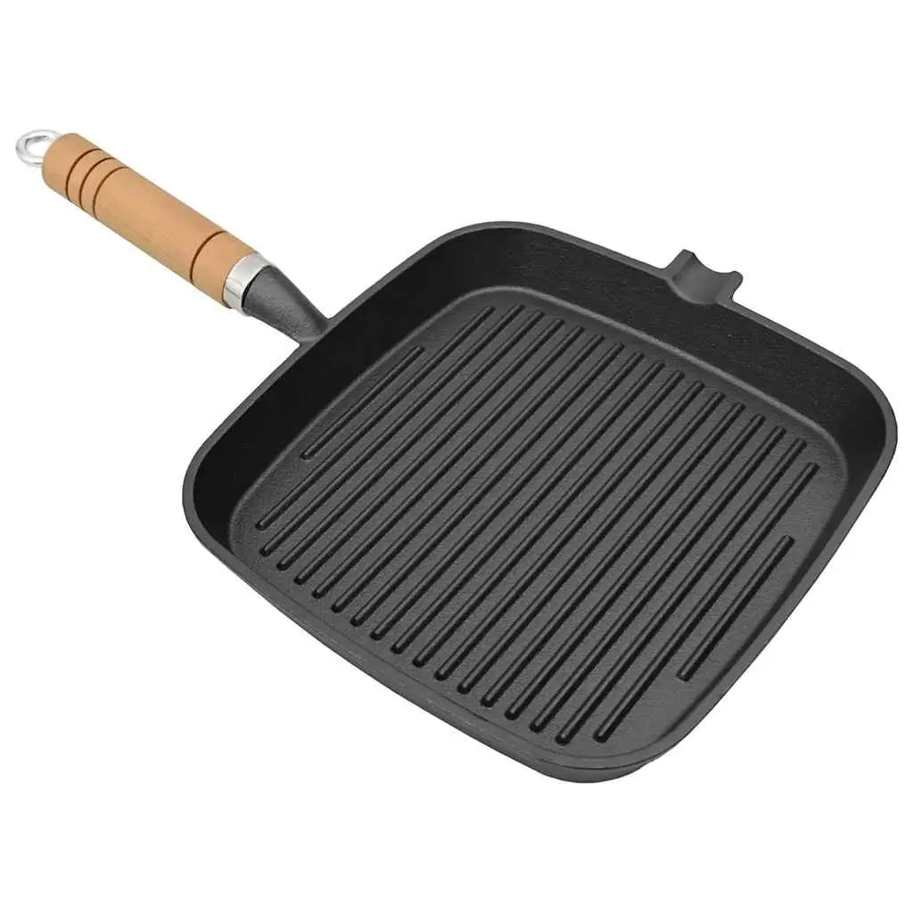 Cast Iron Grill Pan 20x20 cm Ribbed Base Wooden Handle for Oil-Free Cooking
