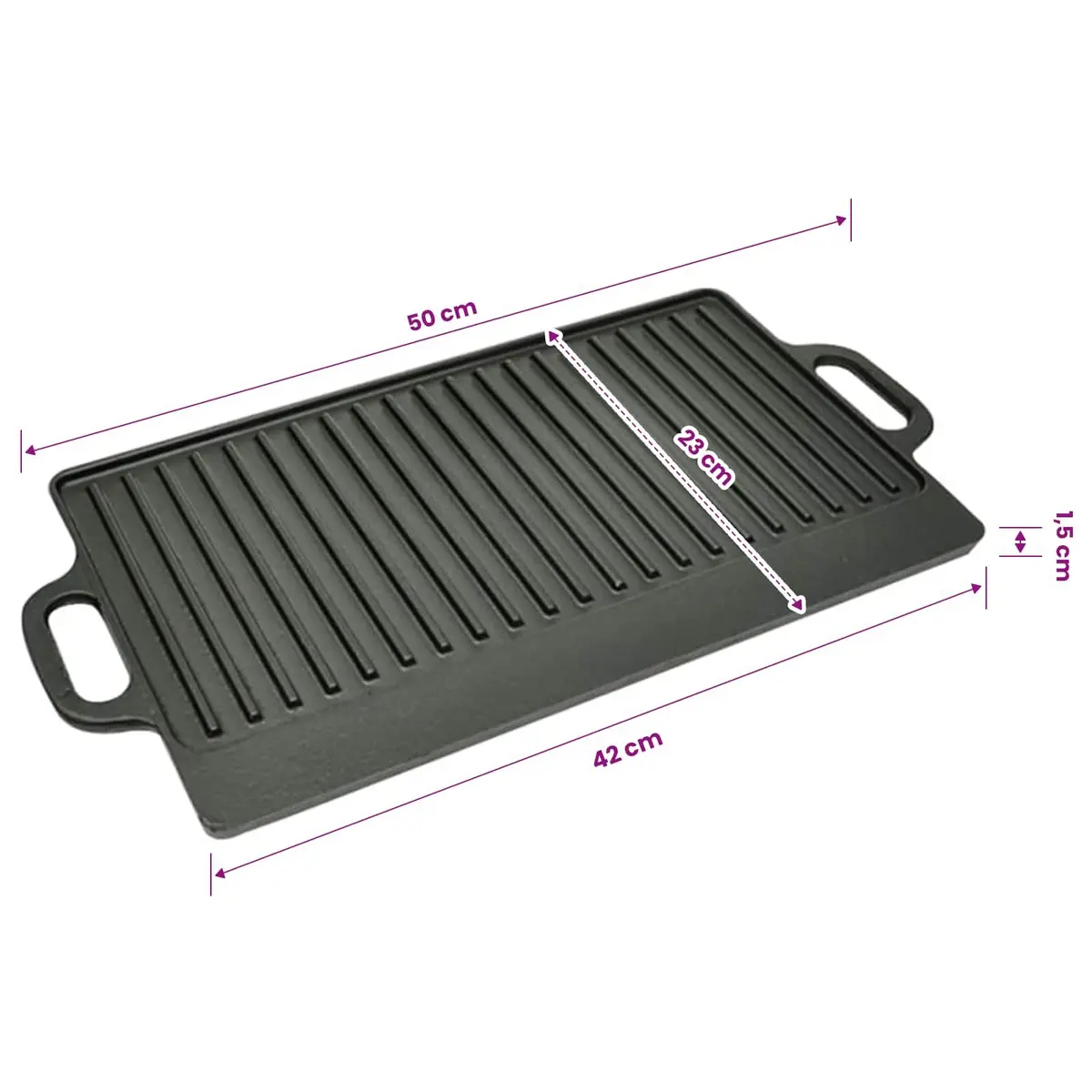 Cast Iron Griddle Plate Set of 2 Double Sided Non-Stick Cooking Surface 46 x 23 cm