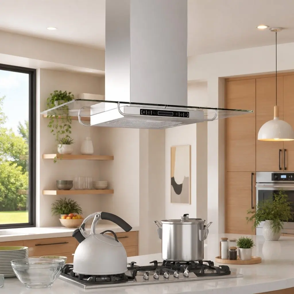 Island Mount Range Hood Silver LCD Display Touch Control Low Noise 3 Speed Settings