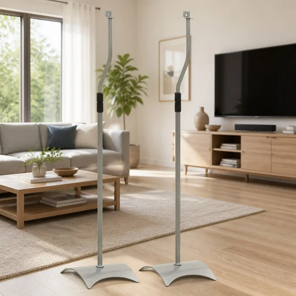 Speaker Stand Pair Adjustable Height Silver Audio Studio Home System Mount