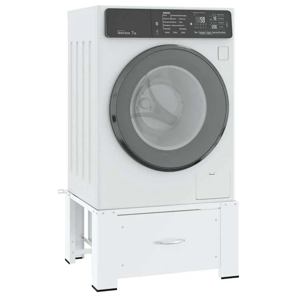 Washing Machine Pedestal Riser with Storage Drawer White Steel Frame Non-Slip Rubber Feet