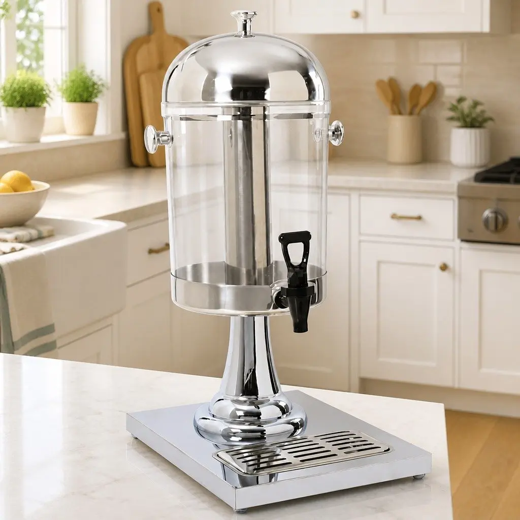 Juice Dispenser 8L Silver Beverage Server with Tap Central Cooling Cylinder for Buffets and Events