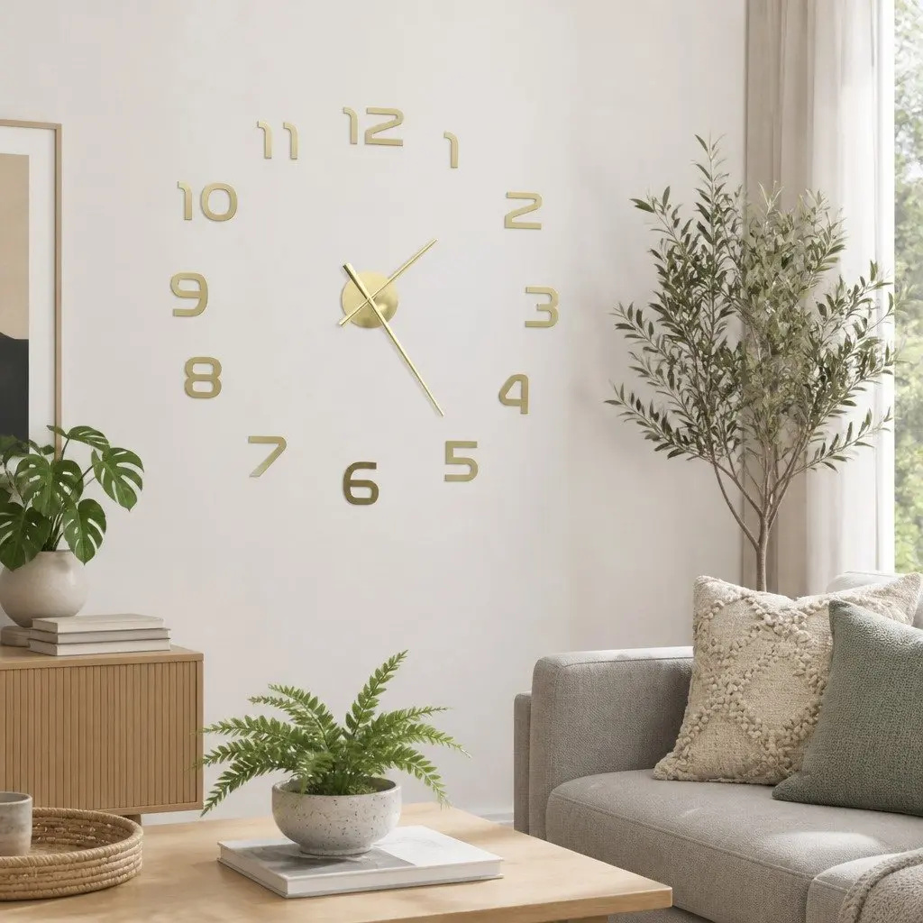 3D Wall Clock XXL 100cm Gold Modern Decor DIY Display