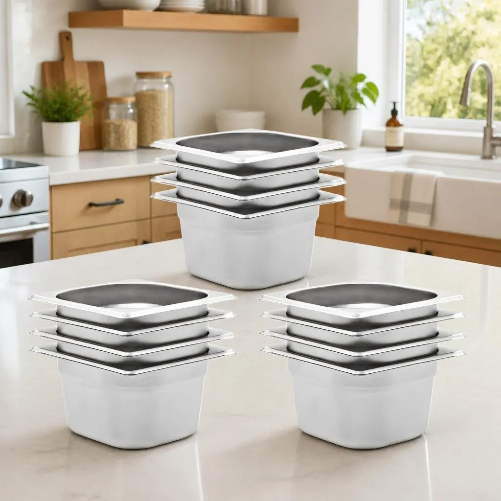 Gastronorm Containers 12 Piece GN 1/6 100 mm Stackable Steam Table Pans Silver