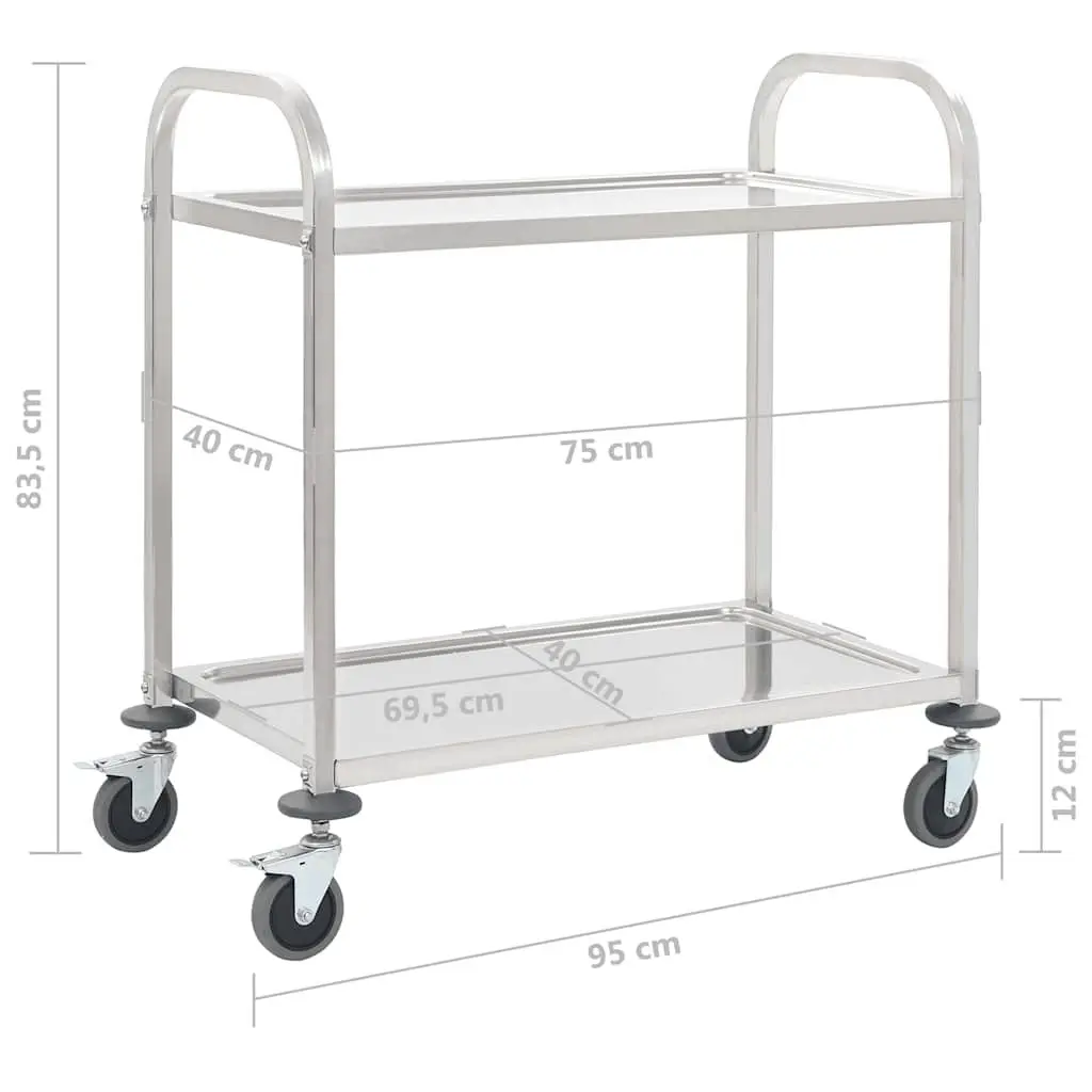 2-Tier Kitchen Trolley Stainless Steel Rolling Utility Serving Cart