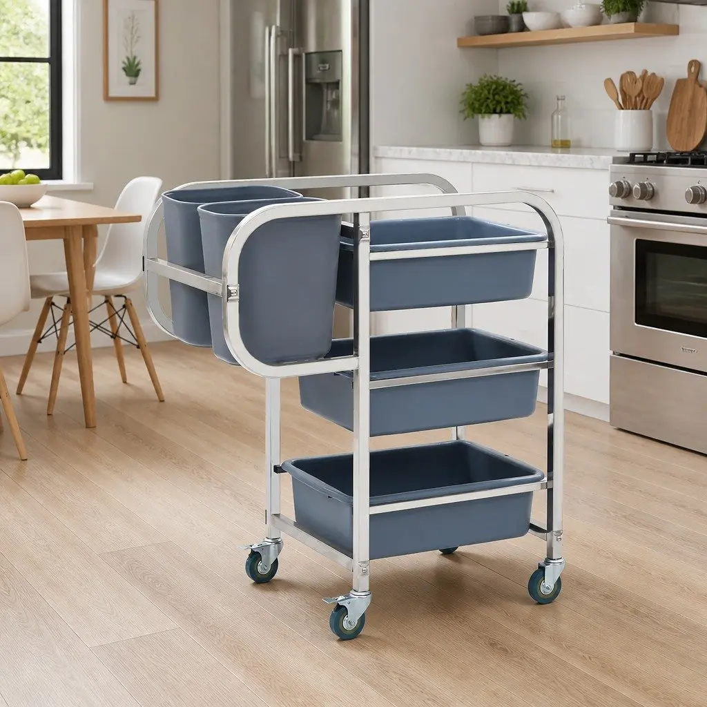 Kitchen Trolley Cart Stainless Steel Frame with Plastic Containers Smooth Rolling Castors