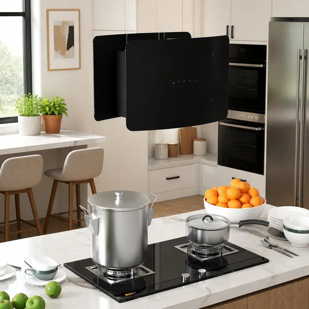 Island Range Hood Ceiling Mounted Black Touch Sensor LCD Tempered Glass Panels 3-Speed Extraction