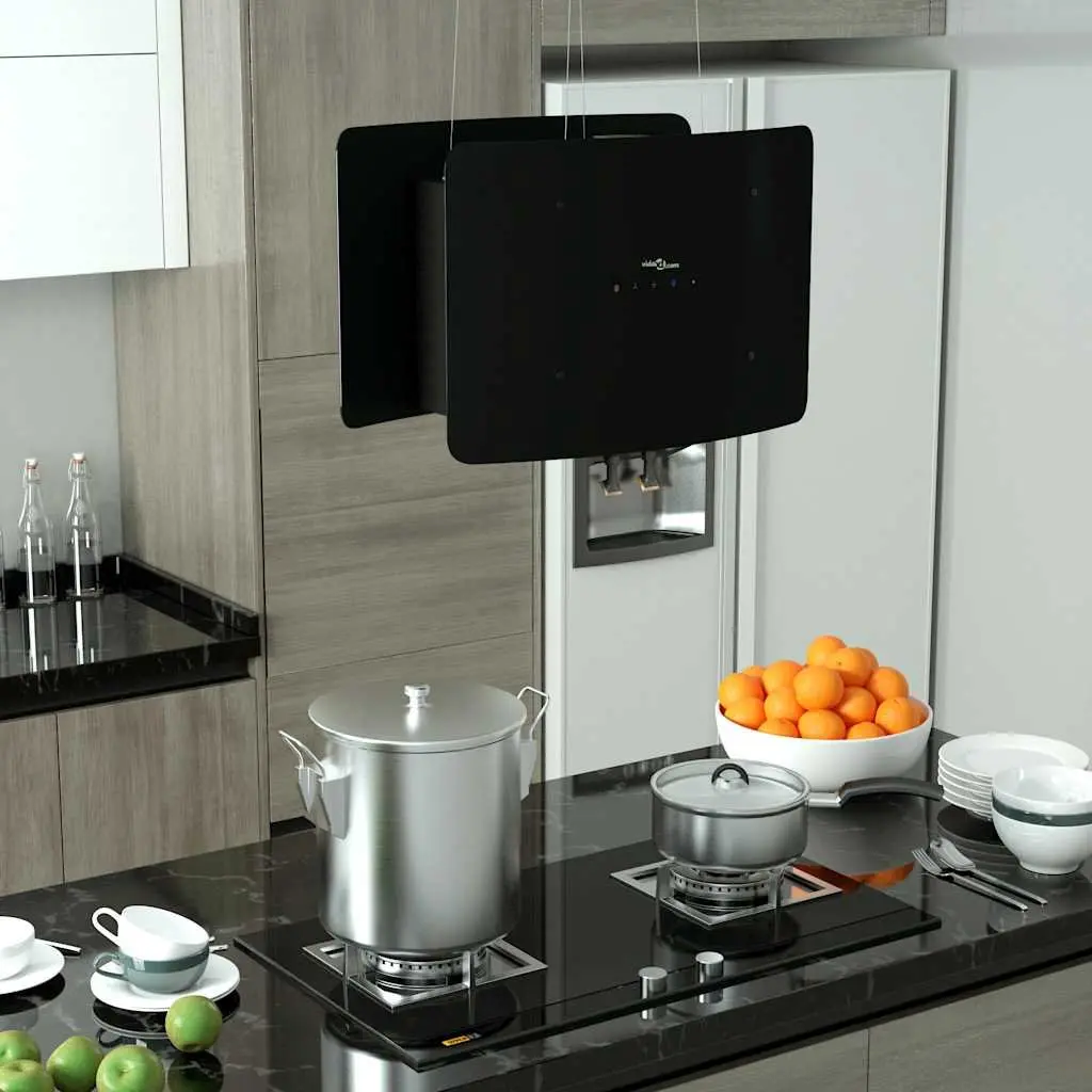 Island Range Hood Ceiling Mounted Black Touch Sensor LCD Tempered Glass Panels 3-Speed Extraction