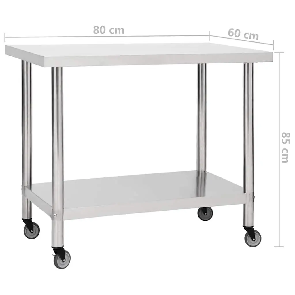 Commercial Work Table 80 x 60 x 85 cm Mobile Food Prep Station Stainless Steel Surface