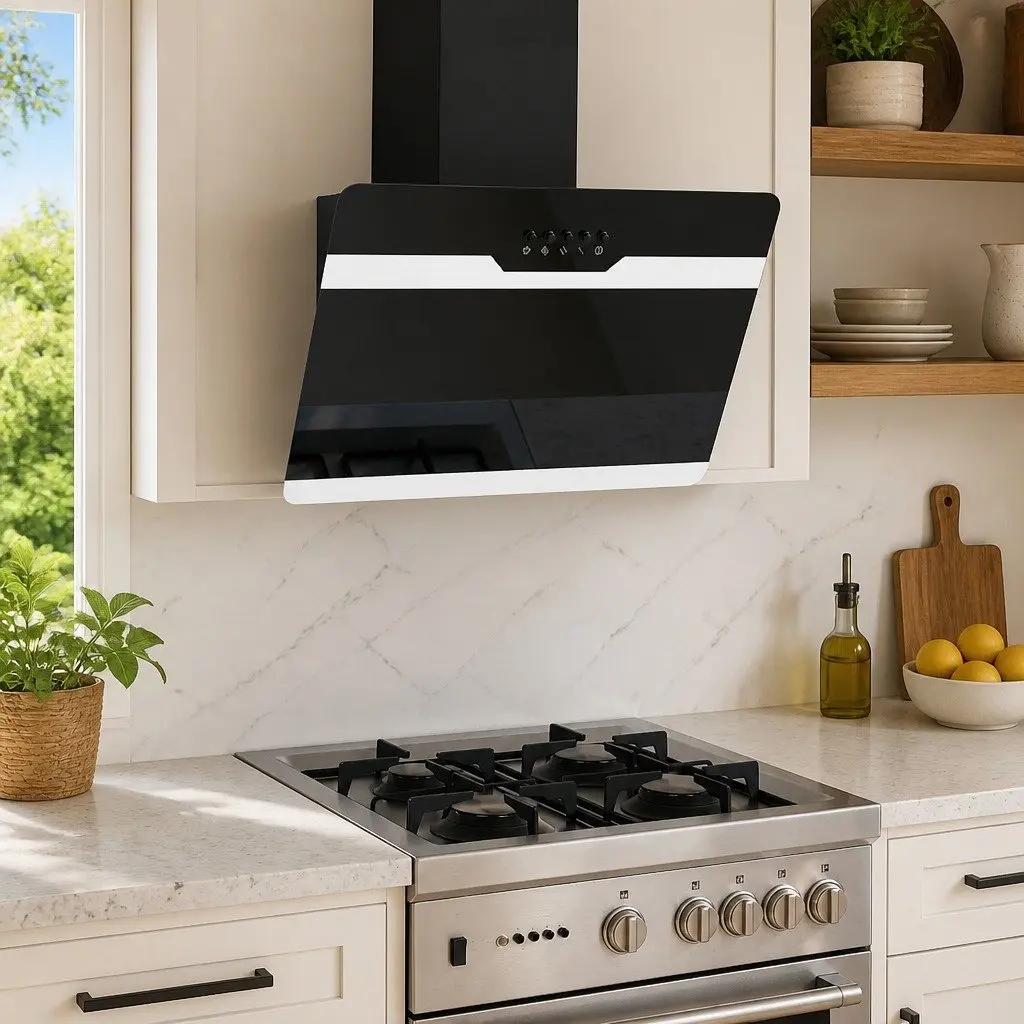 Wall Range Hood 60cm Kitchen Extractor Cooker Hood Black Tempered Glass