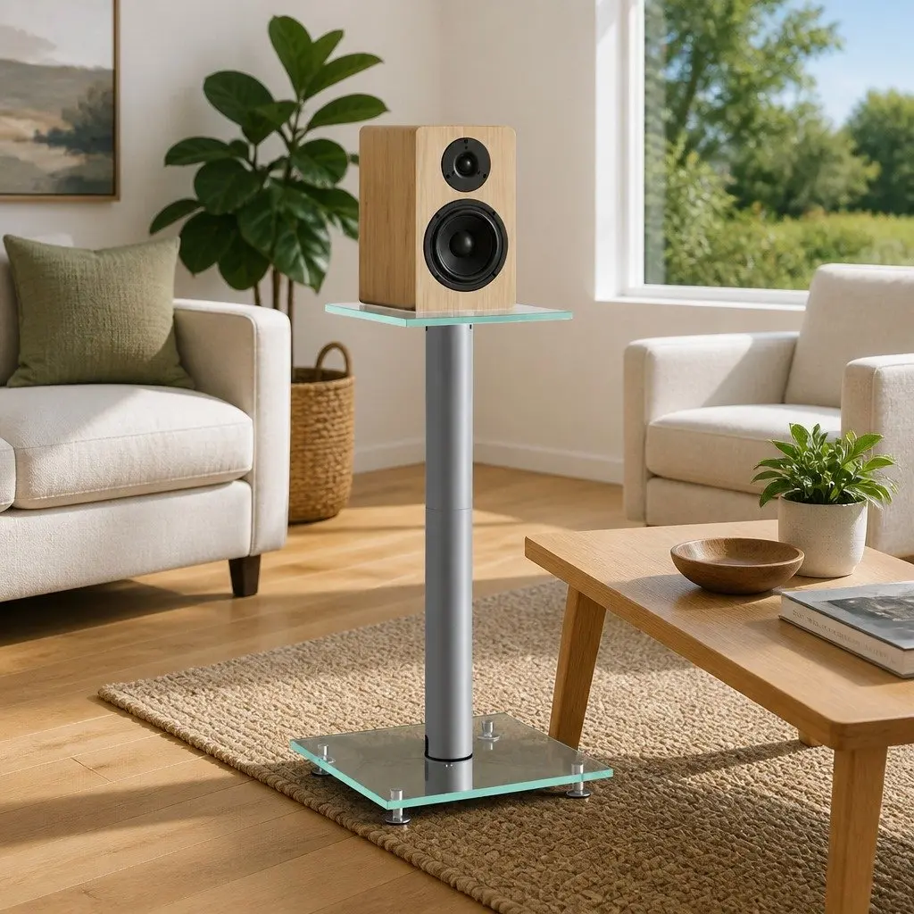 Tempered Glass Speaker Stands Pair Silver Aluminium Pillar Audio Display Mount