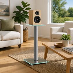 Speaker Stands Pair Silver Tempered Glass 1 Pillar Audio Display Mount