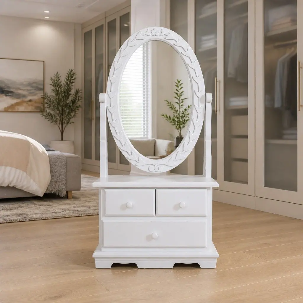 Dressing Table White Oval Mirror with Drawers Removable Storage Unit