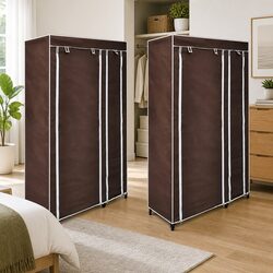 Fabric Folding Wardrobes 2pcs Brown Portable Storage Closet Bedroom Organiser