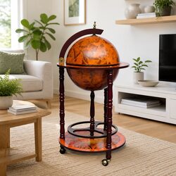 Wooden Globe Bar Wine Stand Storage Cabinet with Bottle Glass Holders on Wheels
