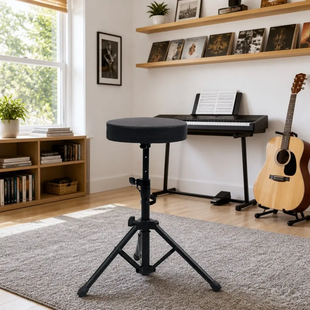 Adjustable Drum Stool Round Black Padded Tripod Legs Foldable