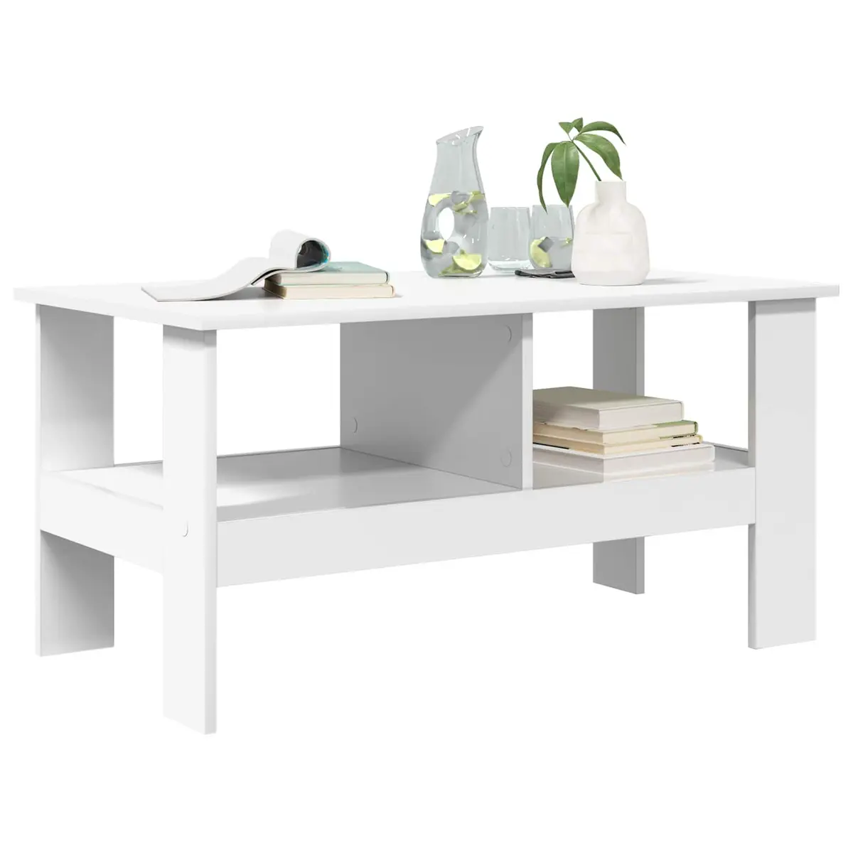 Coffee Table White Engineered Wood Large Surface Area with Storage Shelves