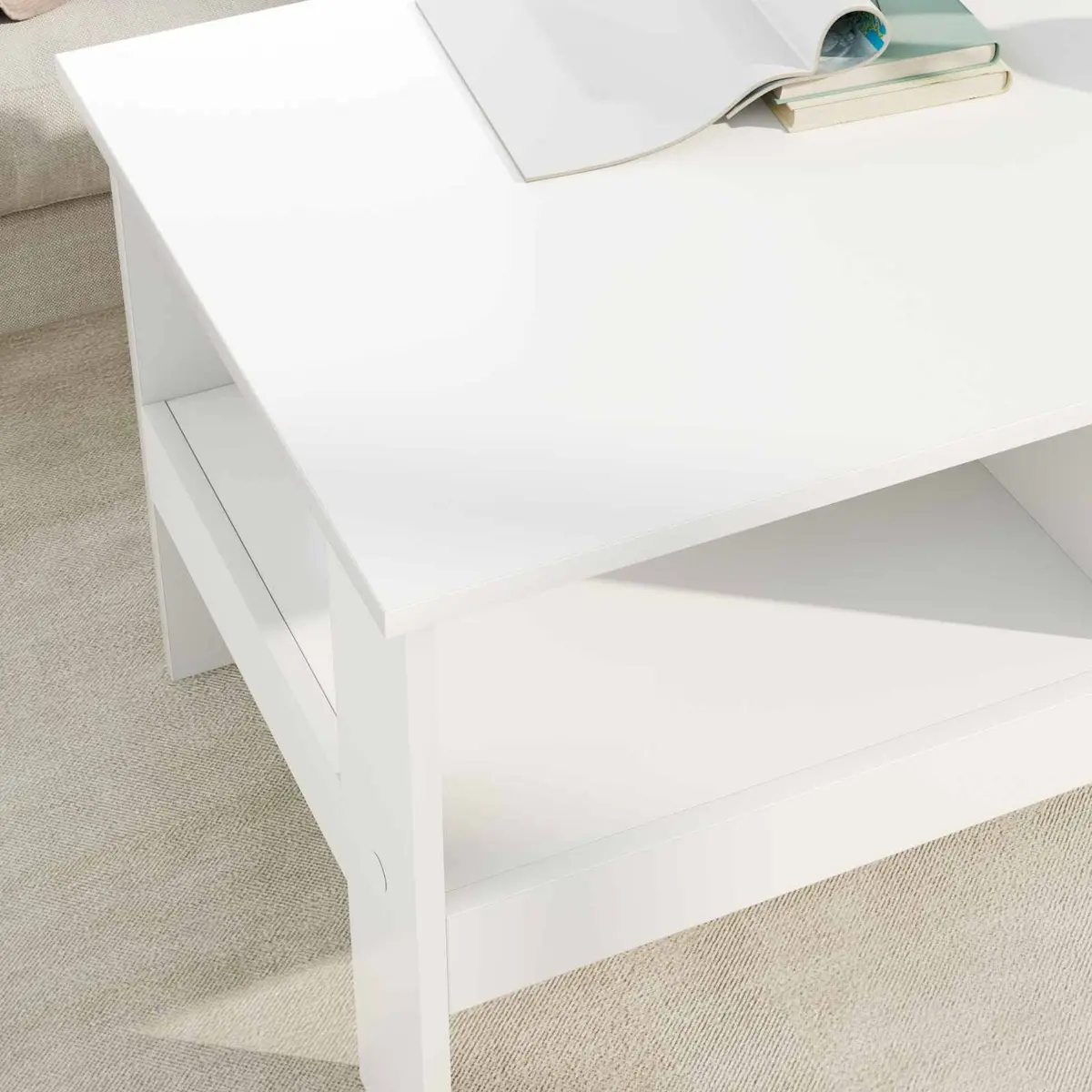 Coffee Table White Engineered Wood Large Surface Area with Storage Shelves