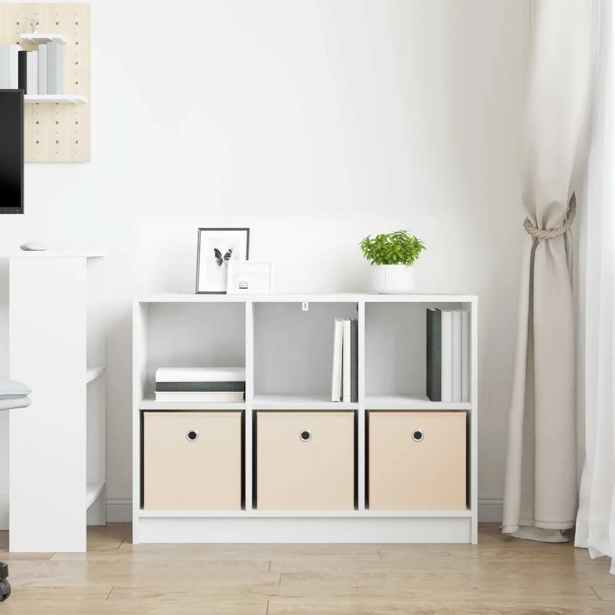 White Sideboard 88.5 x 27.5 x 63.5 cm Freestanding Storage Cabinet with Drawer and Shelves