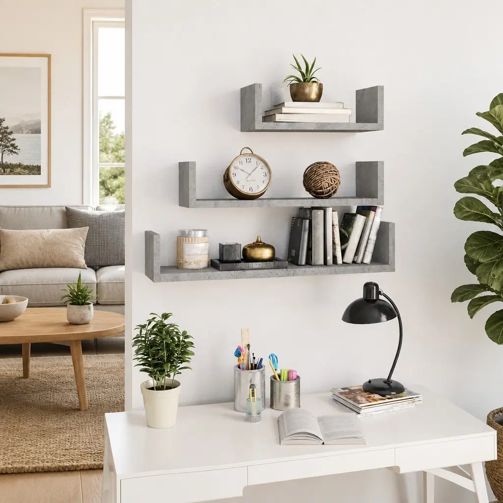 Wall Display Shelf Set 3 Pieces Grey U-Shaped Engineered Wood Storage Shelves