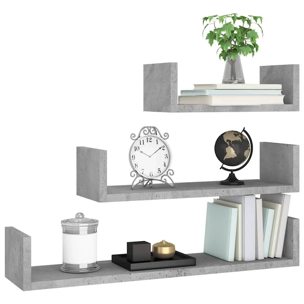 Wall Display Shelf Set 3 Pieces Grey U-Shaped Engineered Wood Storage Shelves