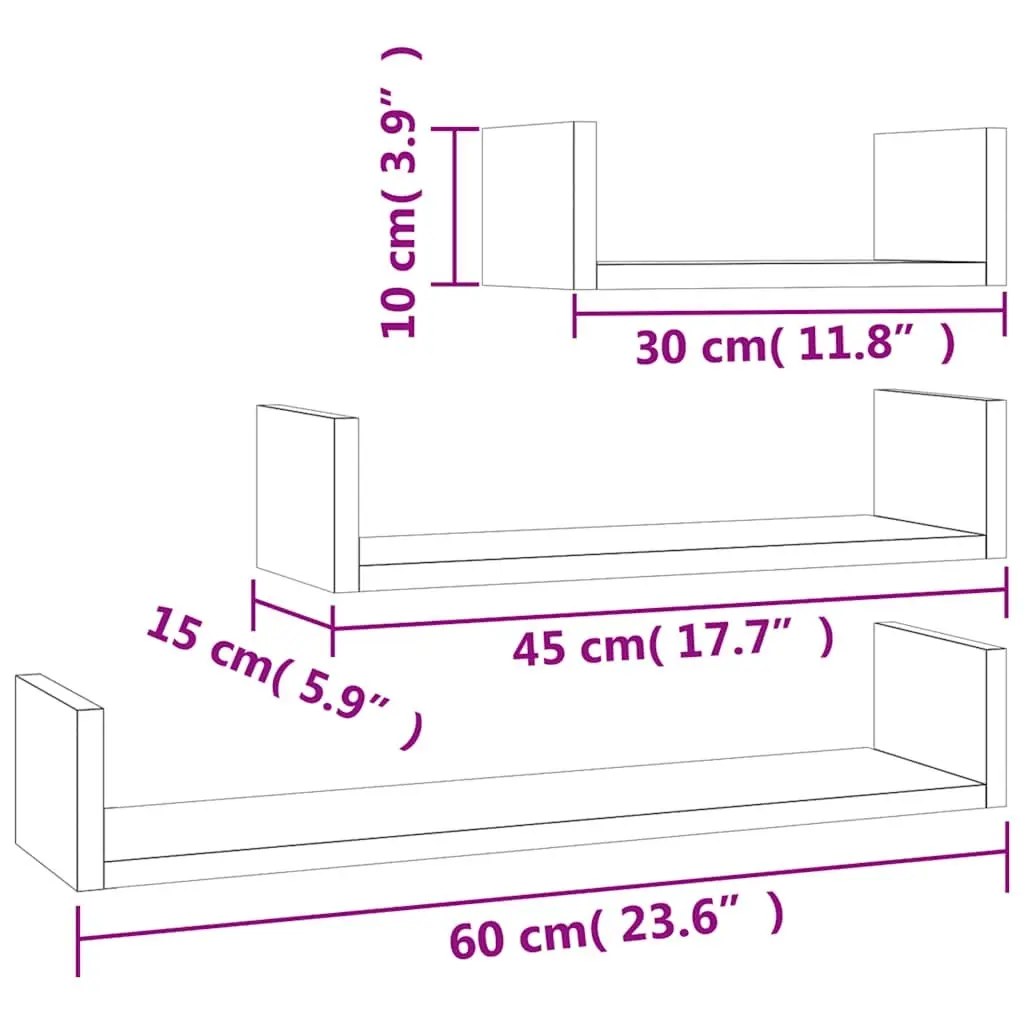 Wall Display Shelf Set 3 Pieces Grey U-Shaped Engineered Wood Storage Shelves