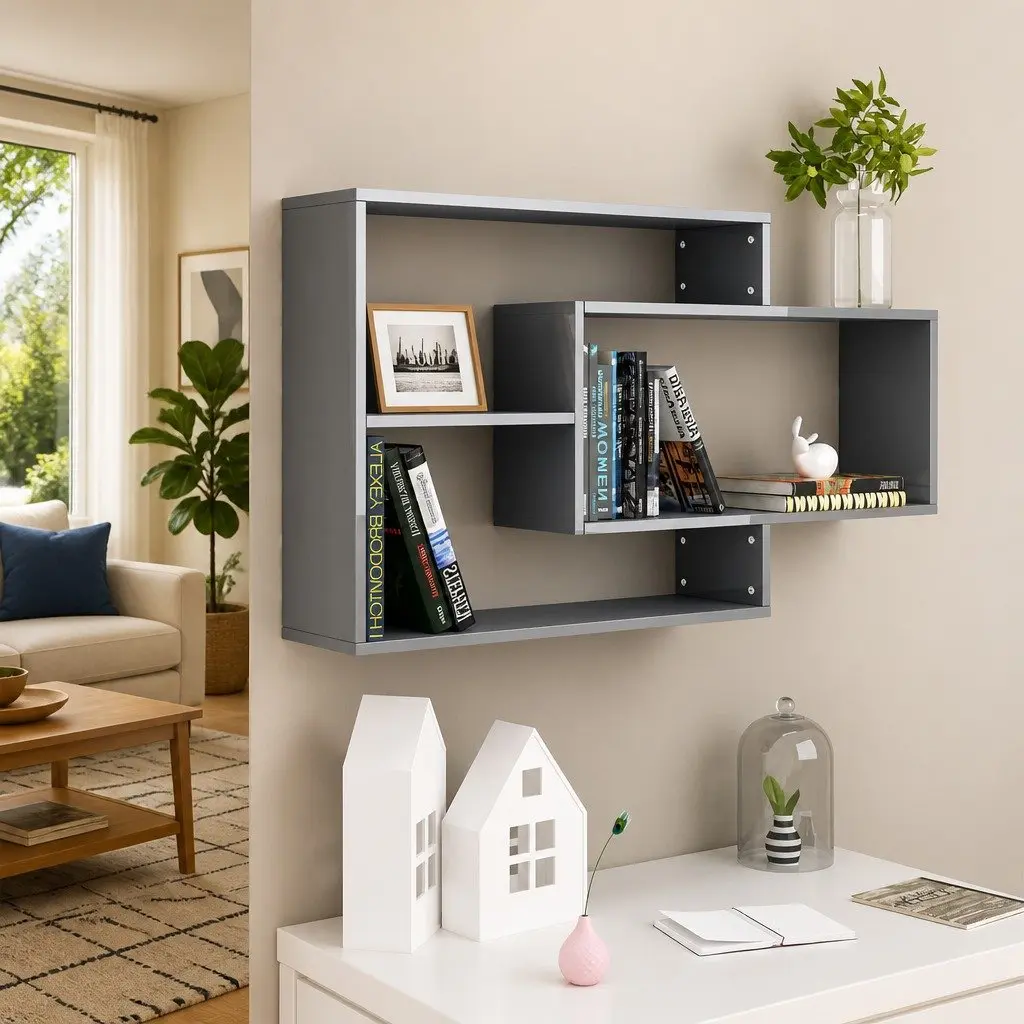 Wall Shelves 3 Open Compartments Grey High Gloss Engineered Wood Storage Display Unit