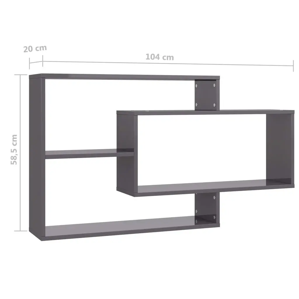 Wall Shelves 3 Open Compartments Grey High Gloss Engineered Wood Storage Display Unit