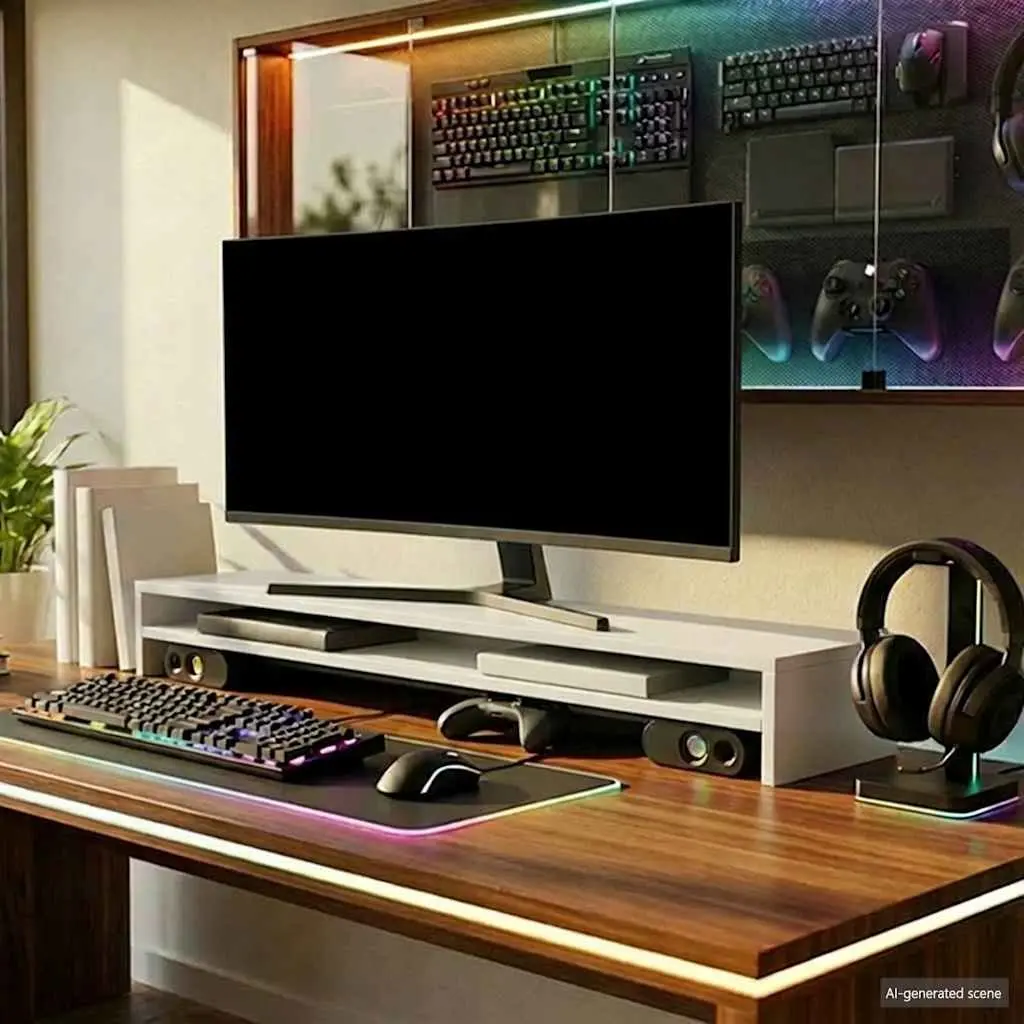 Monitor Stand White Desk Riser Organiser Shelf for Home Office Gaming Workstation