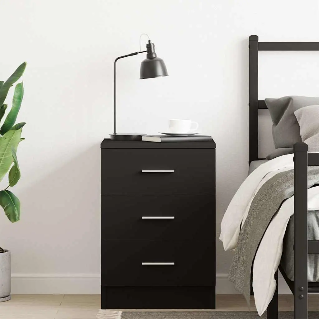 Bedside Cabinet Black Nightstand 3 Drawers Bedside Table Storage Chest