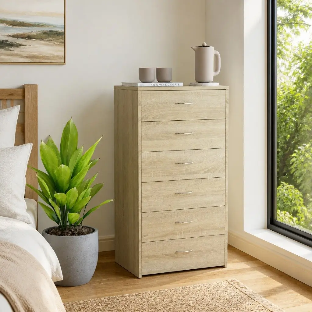 Sideboard 50 x 34 x 96 cm Brown 6 Drawer Storage Cabinet for Living Room Bedroom Furniture
