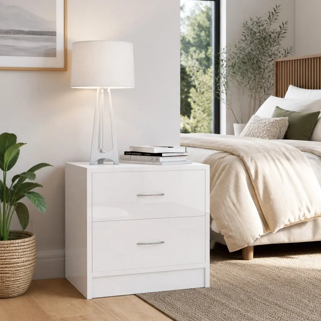 Bedside Cabinet 40cm High Gloss White 2 Drawer Nightstand Storage Chest