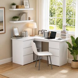 Corner Desk White Office Workstation Study Table Engineered Wood Storage Drawers