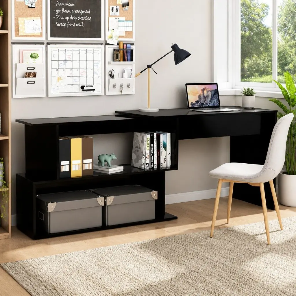 Corner Desk 200 x 50 x 76 cm Rotatable Black Office Workstation with Storage