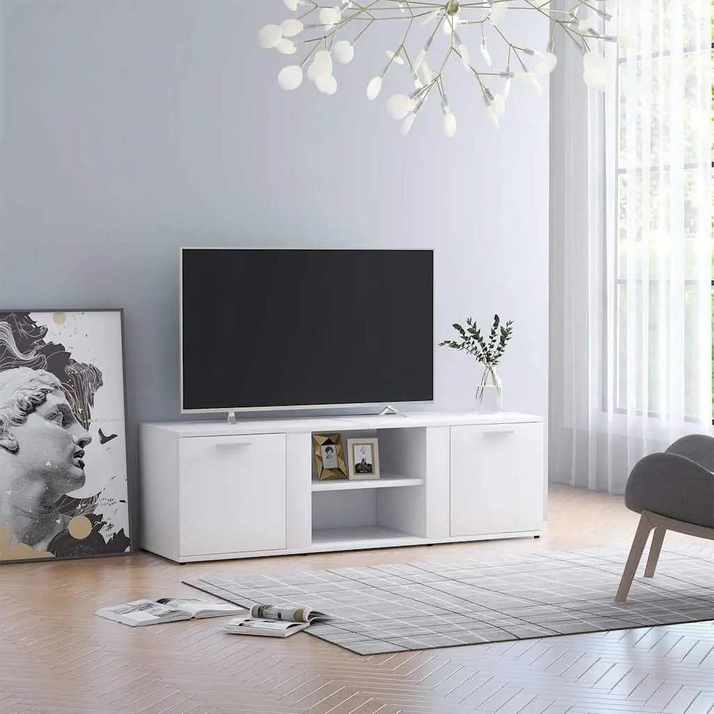 TV Cabinet 120x34x37 cm White 2 Doors 2 Open Compartments Storage Unit