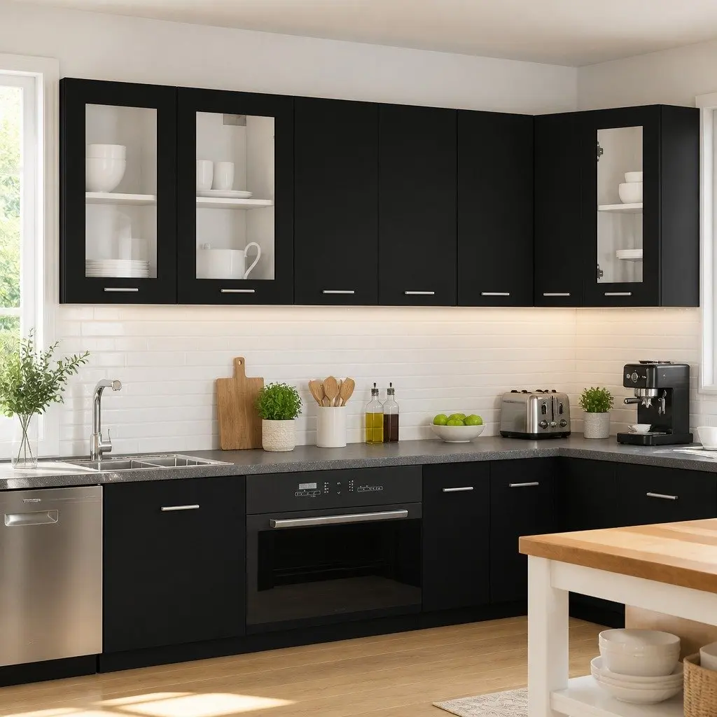 Hanging Kitchen Cabinet Black Engineered Wood Two Doors with Interior Shelves
