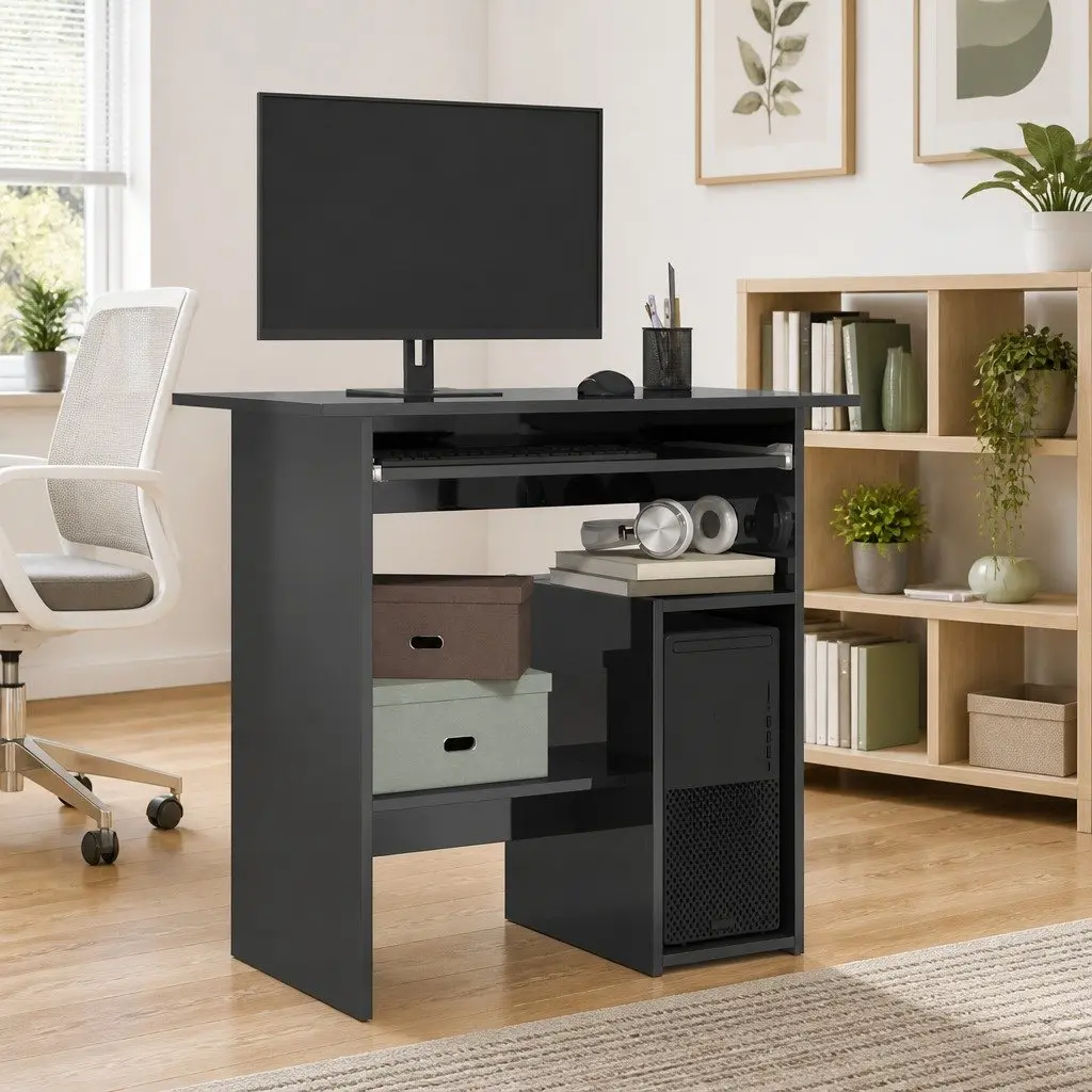 Office Desk Grey High Gloss Computer Workstation with Keyboard Tray