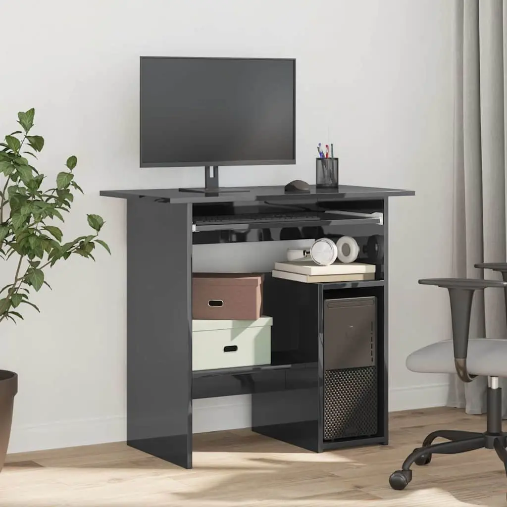 Office Desk Grey High Gloss Computer Workstation with Keyboard Tray