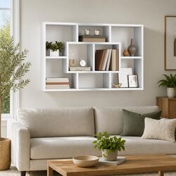 Wall Shelf White Floating Storage Eight Compartments Engineered Wood