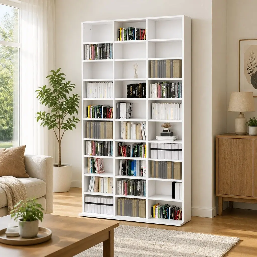 CD Cabinet White 30 Compartments Media Storage Organizer for Living Room