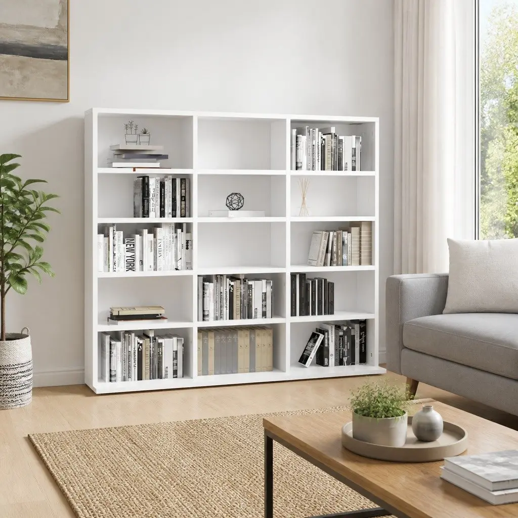 CD Cabinet White 100x23x89.5 cm Engineered Wood 15 Open Compartments Multi-Purpose Storage