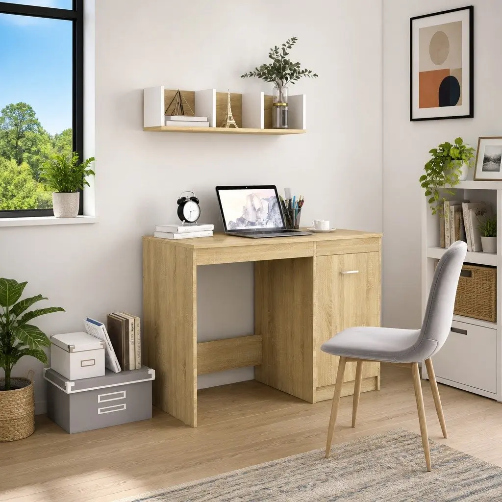 Office Desk 100 x 50 cm Brown Integrated Storage Cabinet Writing Table Study Workstation