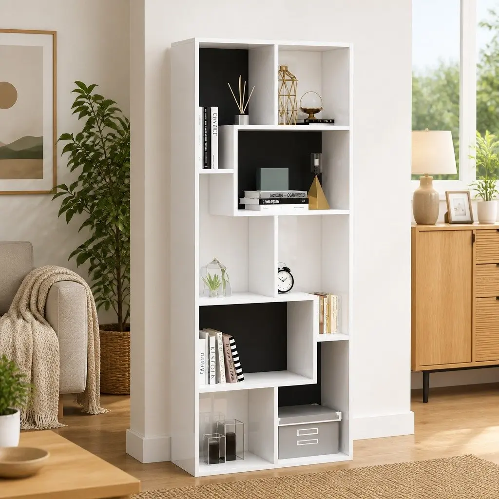 Book Cabinet 67x24x161cm High Gloss White Engineered Wood Storage Shelving Unit