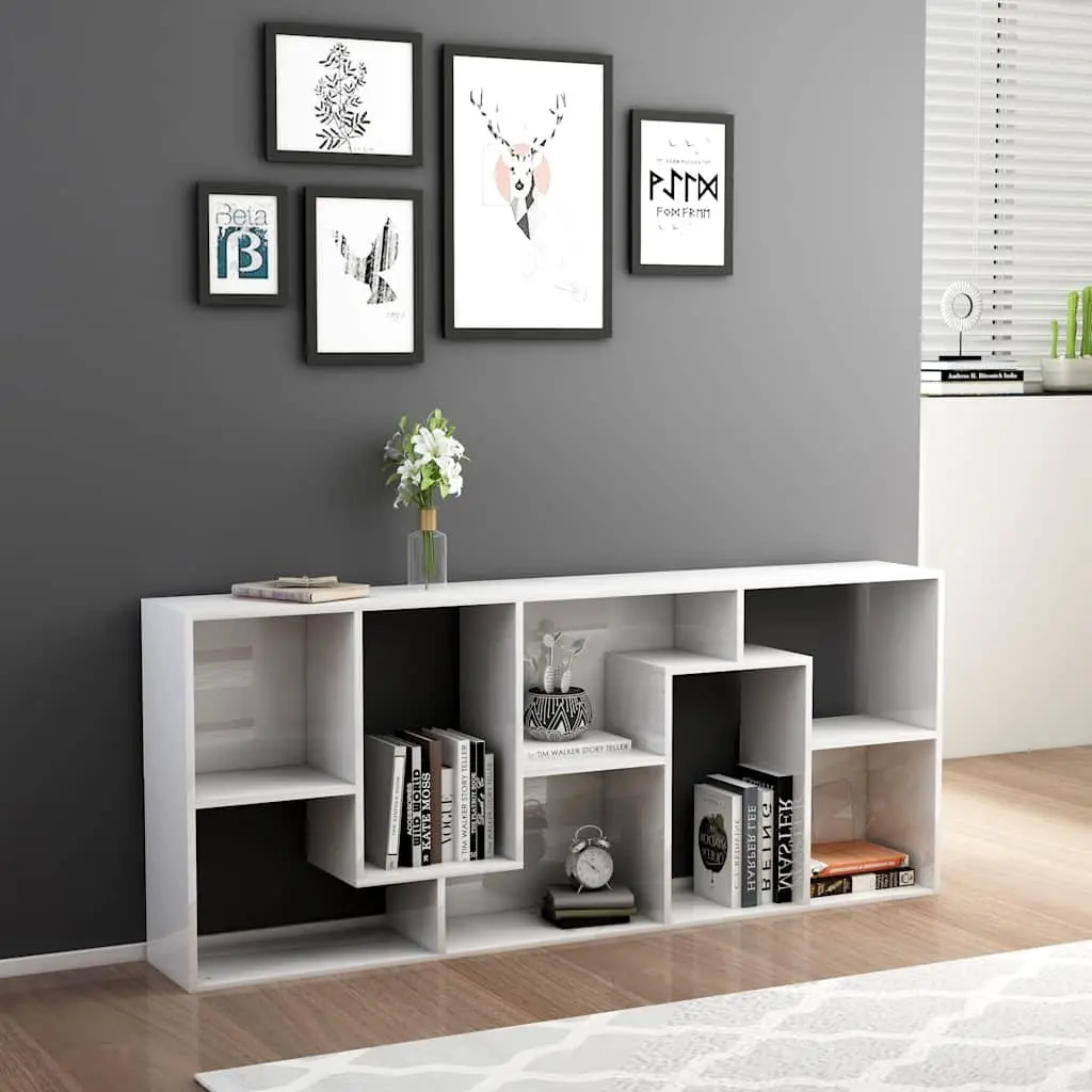 Book Cabinet 67x24x161cm High Gloss White Engineered Wood Storage Shelving Unit