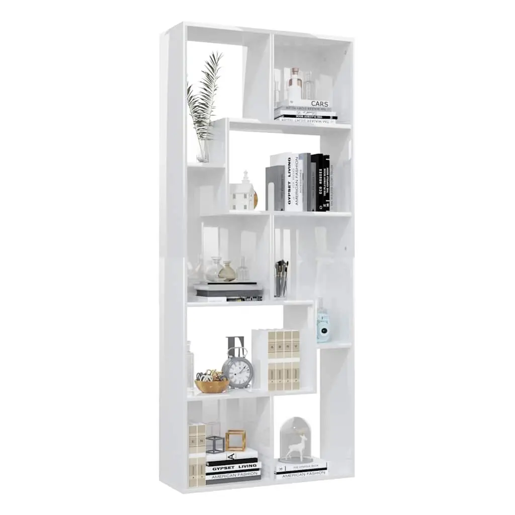 Book Cabinet 67x24x161cm High Gloss White Engineered Wood Storage Shelving Unit