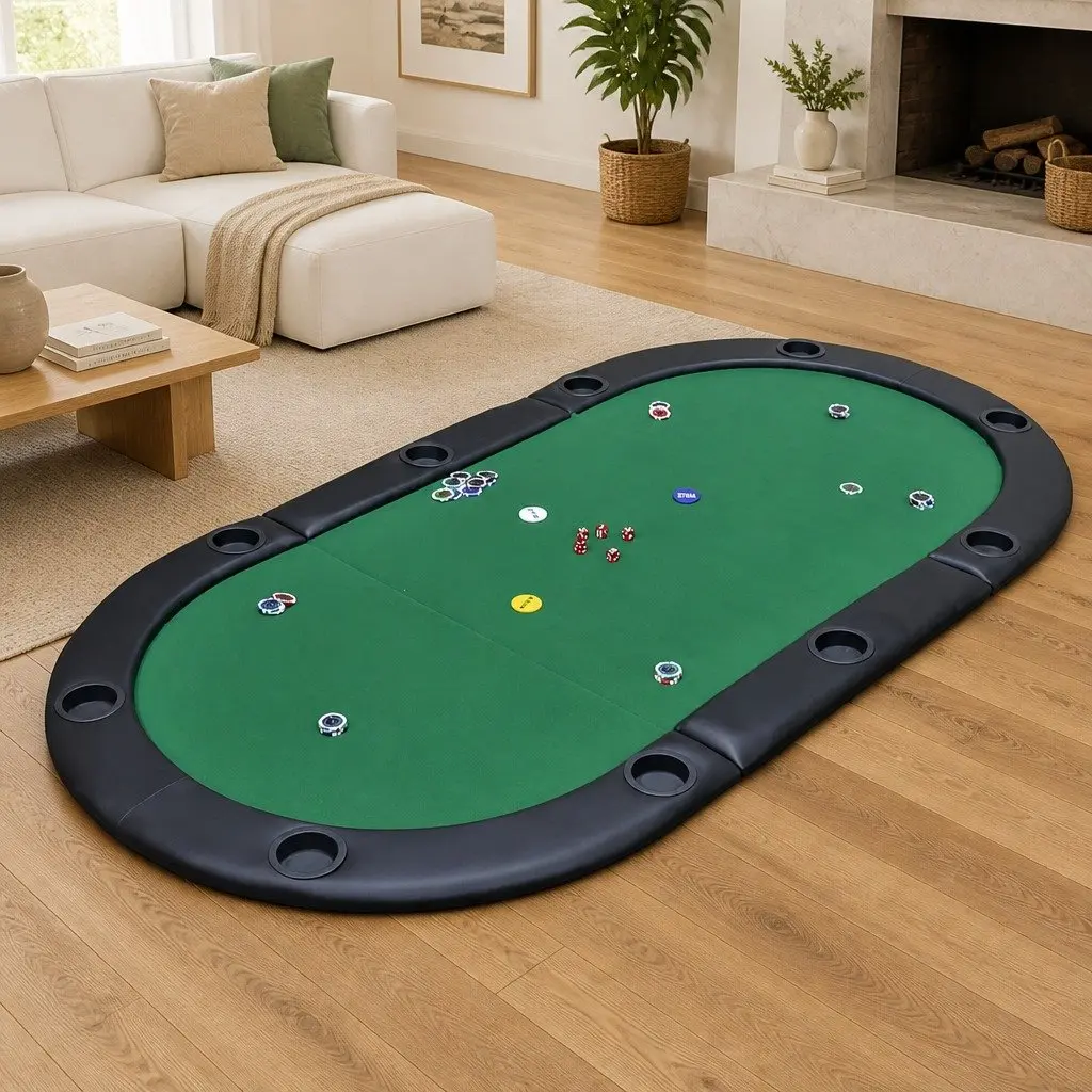 Poker Tabletop 10 Player Foldable Green Racetrack with Cup Holders