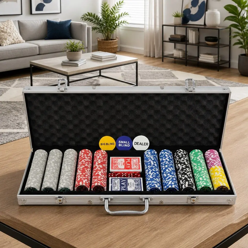 Poker Set 500 Laser Chips Aluminium Case with 2 Decks of Cards 5 Casino Dice and Buttons