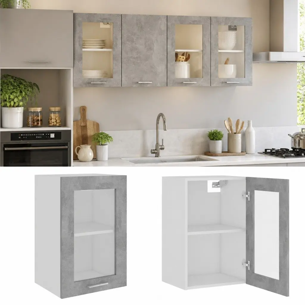 Hanging Glass Kitchen Cabinet 40x31x60cm Grey Engineered Wood Two Shelves Wall Hanging