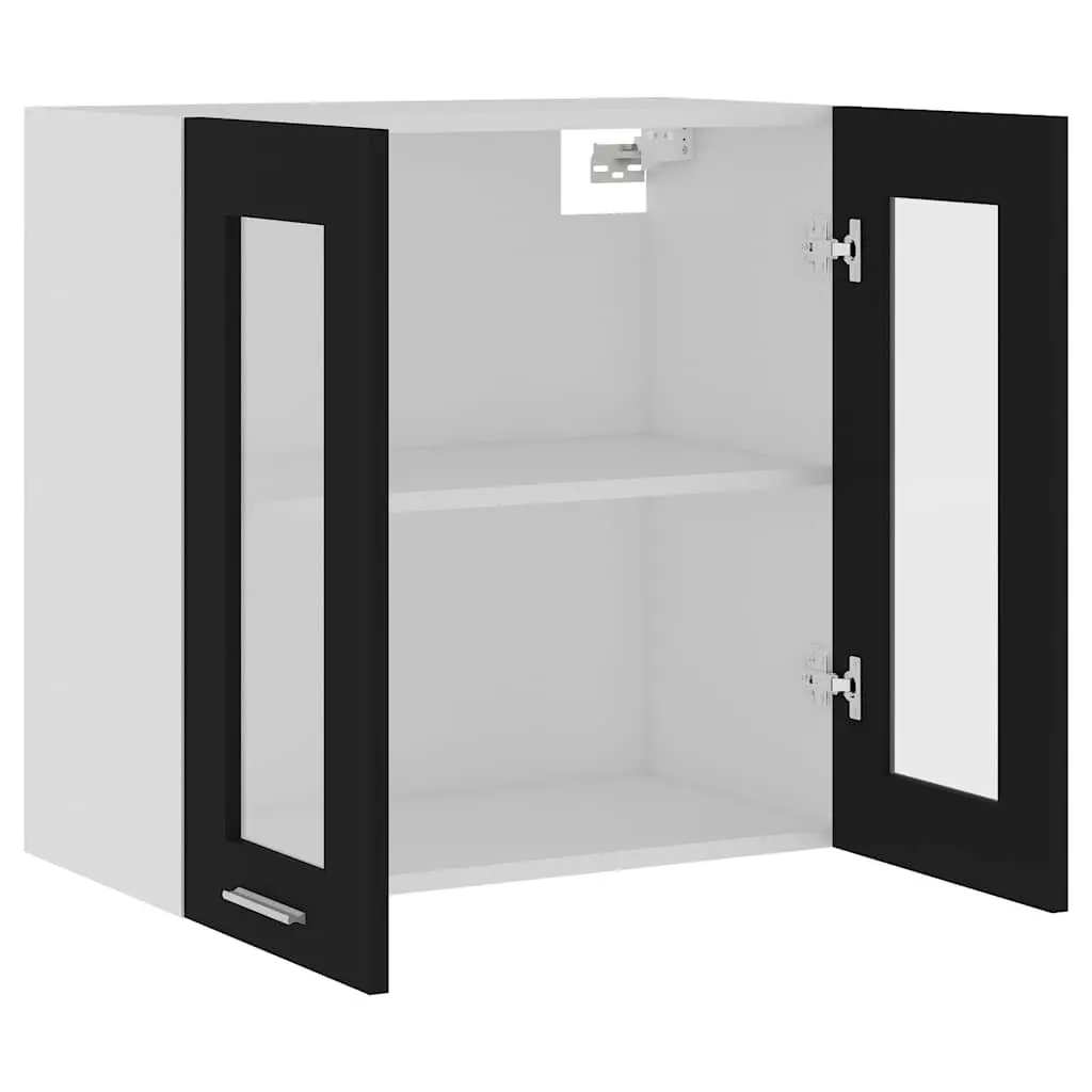 Hanging Glass Kitchen Cabinet Black Wall Mounted Two Doors Two Shelves