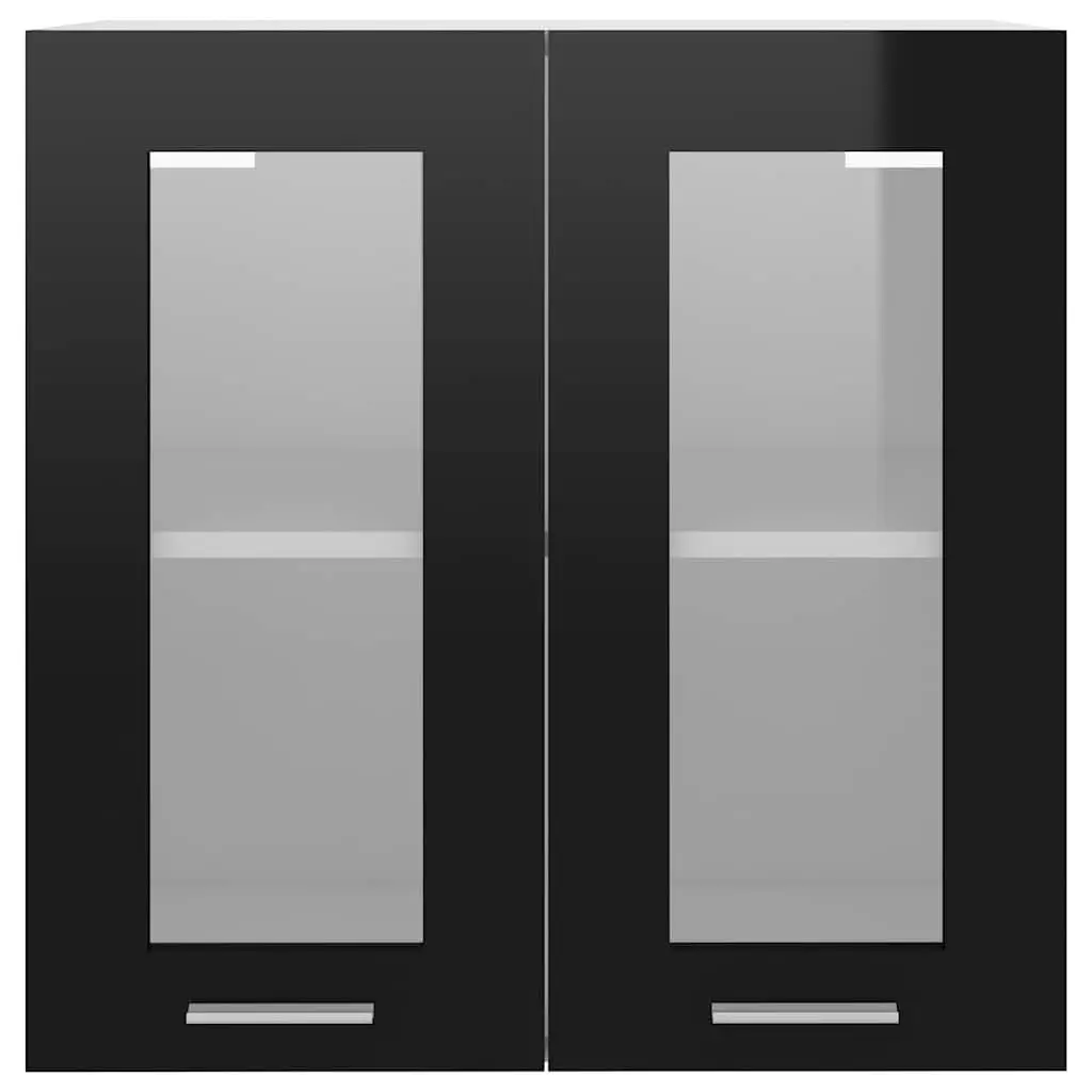 Hanging Glass Kitchen Cabinet Black Wall Mounted Two Doors Two Shelves